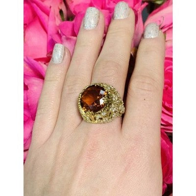925 Sterling Silver Gold Plated Orange Alpanite & CZ Ring Size 10.25