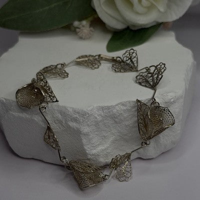 925 Sterling Silver Filigree Delicate Design Hearts & Lilies Bracelet 7