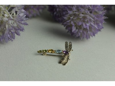 925 Sterling Silver Multi Gemstones "Dragonfly" Brooch