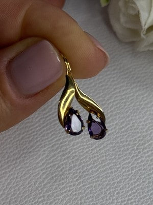 14K Yellow Gold Amethyst Earrings Length 0.90 inch