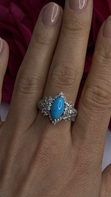 925 Sterling Silver Blue Turquoise & Beryl Stones Ring Size 9