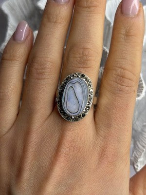 925 Sterling Silver Abalone & Marcasite Ring Size 9