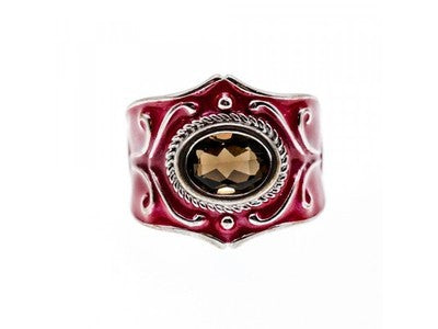 925 Sterling Silver Hessonite & Red Enamel Ring Size 9.5