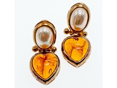 Vintage 800 Silver Gold Plated Amber & Mother OF Pearl "Heart" Earrings