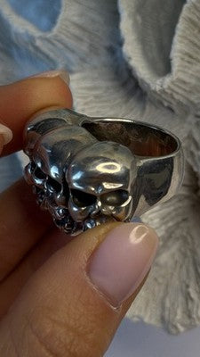 Triple Skull Gothic Biker Punk Rock 925 Sterling Silver Ring Size 9.5