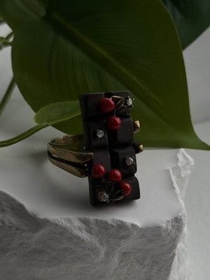By Philippe Black Enamel & Red Bead Cherry 925 Sterling Silver Ring Size 8
