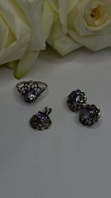925 Sterling Silver Amethyst Set Floral Filigree Ring Pendant & Earrings
