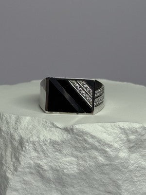 925 Sterling Silver Black Enamel & CZ Men'S Ring Size 11
