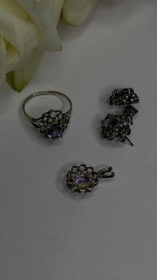 925 Sterling Silver Amethyst Set Floral Filigree Ring Pendant & Earrings