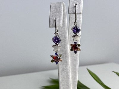 Dangle Earrings with Multicolor CZ  "Flowers & Stars"