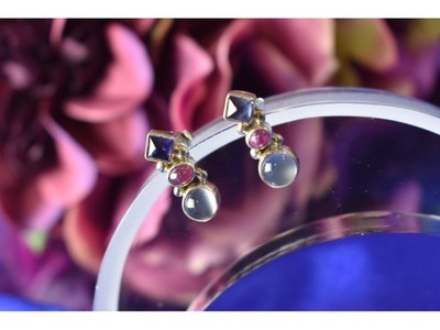 925 Sterling Silver Moonstone, Sapphire & Ruby Stud Earrings