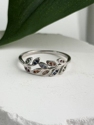 925 Sterling Silver Leaves Multi Color Spinel Ring Size 7