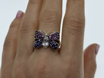 925 Sterling Silver White Topaz, Spinel & Tourmaline "Butterfly" Ring Size 8.5