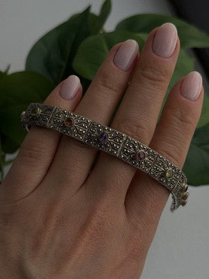 Vintage 925 Sterling Silver Multi Color Tourmaline & Marcasite Bracelet 7