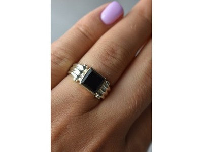 925 Sterling Silver Black Agate Signet Ring Size 6.5