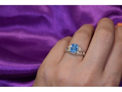 925 Sterling Silver Blue Topaz Openwork Ring Size 6.5