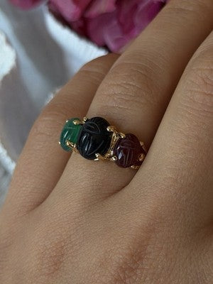 925 Sterling Silver Gold Plated Carved Carnelian Onyx Jade Ring Size 7