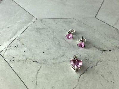 925 Sterling Silver Morganite and CZ "Hearts" Stud Earrings & Pendant Set