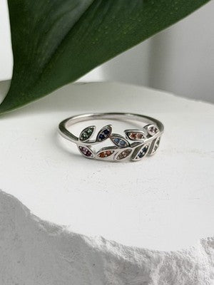 925 Sterling Silver Leaves Multi Color Spinel Ring Size 7