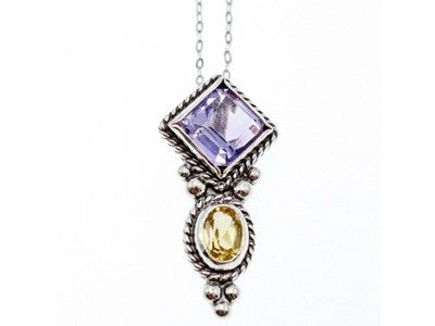 925 Sterling Silver Amethyst & Citrine Chain With Pendant Italy