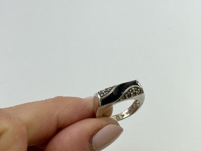 925 Sterling Silver Nephrite ( Jade ) & Black Quartz Ring Size 6.5