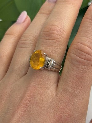 925 Sterling Silver Citrine & Marcasite Ring Size 8