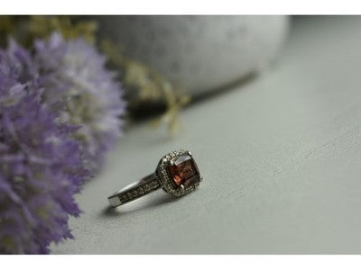 925 Sterling Silver Hessonite & CZ Ring Size 8
