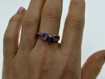 925 Sterling Silver Iolite & Tanzanite "Hearts" Ring Size 11.75