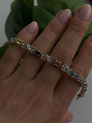 925 Sterling Silver Gold Plated Garnet Amethyst Peridot Topaz Bracelet 7.5