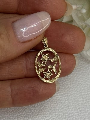 10K Yellow Gold Diamonds Flowers Pendant Length 0.95 Inch
