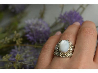 925 Sterling Silver Mother Of Pearl Openwork Ring Size 6.5