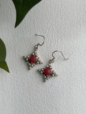 Vintage 925 Sterling Silver Red Coral & Pearls Dangle Earrings