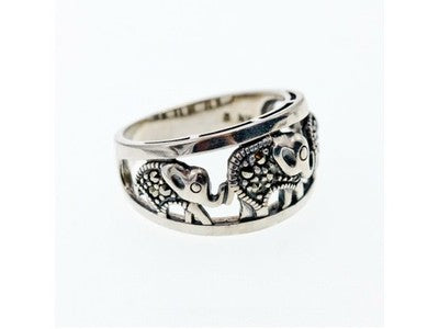 925 Sterling Silver Marcasites "Elephants" Ring Size 9.5