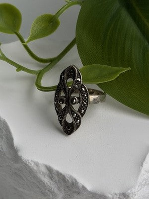 Vintage Filigree 925 Sterling Silver Marcasite Ring Size 6