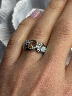 925 Sterling Silver Citrine & Opal & Beryl Ring Size 7