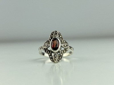 925 Sterling Silver Almandine & Marcasites Ring Size 7