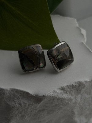 Vintage Modernist Retro 925 Sterling Silver Dark Mother of Pearl Earrings