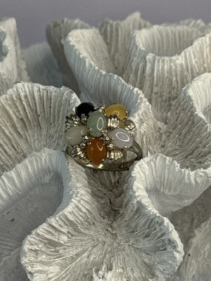 925 Sterling Silver 6 Colors Of Jade Flower Ring Size 8, 9