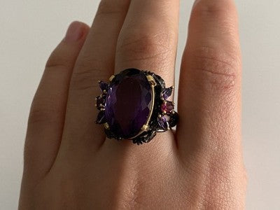 Blackened 925 Sterling Silver With Gilding Amethyst Ring Size 9