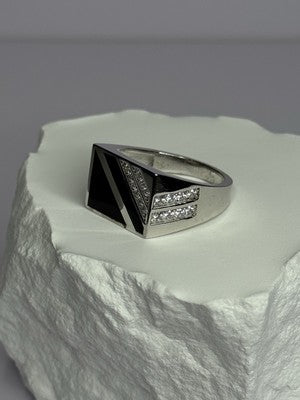 925 Sterling Silver Black Enamel & CZ Men'S Ring Size 11