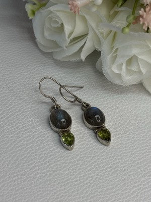 925 Sterling Silver Peridot & Moonstone Earrings Length 1.40 Inch