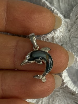 925 Sterling Silver Abalone Dolphin Pendant Length 0.90 Inch