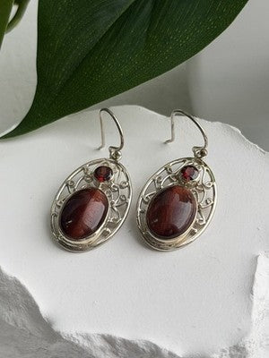 925 Sterling Silver Amber & Garnet Earrings