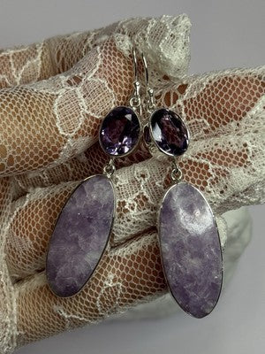 925 Sterling Silver Lepidolite & Amethyst Earrings Length 2.5 Inch