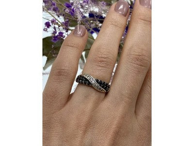 925 Sterling Silver Black & White Tourmaline "Yin Yang" Ring Size 6.5