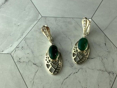 Vintage 925 Sterling Silver Green Agate & CZ Earrings
