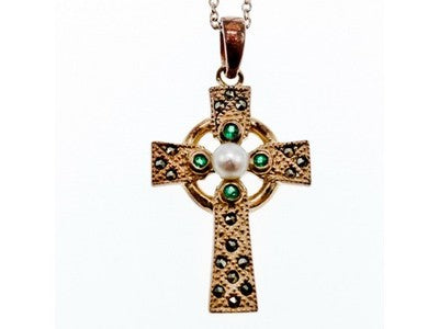 925 Sterling Silver Pearl, Emerald & Marcasites Chain with Cross