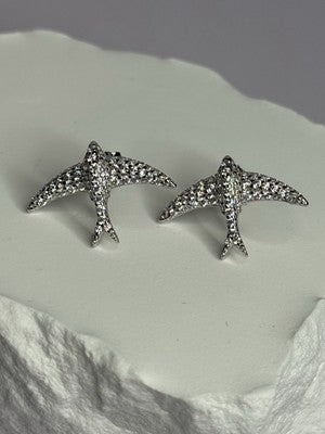 925 Sterling Silver Swallow Stud Earrings CZ Length 0.55 Inch