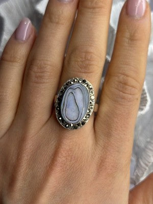 925 Sterling Silver Abalone & Marcasite Ring Size 9