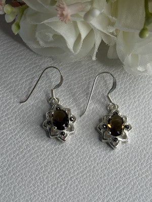 925 Sterling Silver Hessonite & Marcasite Earrings Length 1.10 Inch